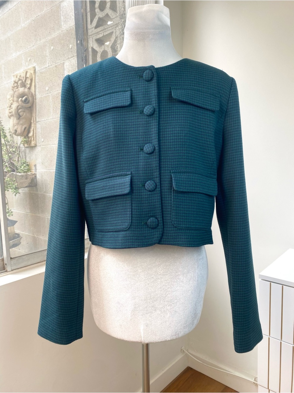 NWT Favorite Daughter The Emily Houndstooth Crop Jacket in Juniper, Size M - Picture 2 of 11